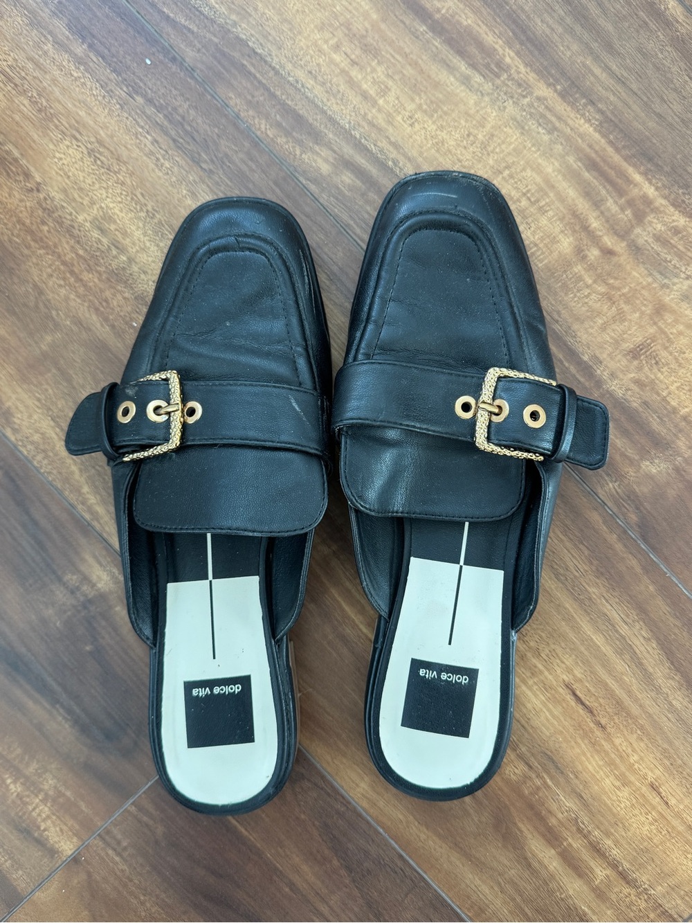 Dolce Vita Black Leather Mule with Gold Buckle